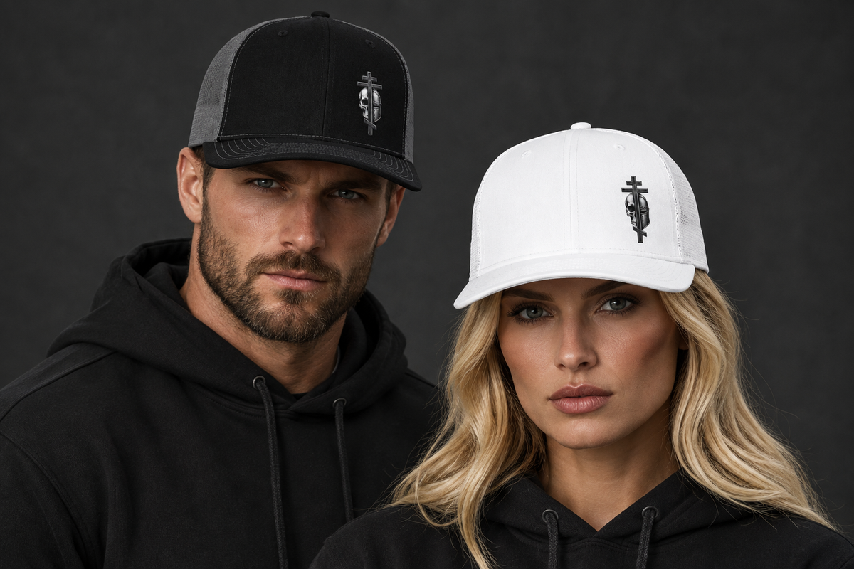 Models wearing Iron Martyr Byzantine Cross snapbacks matched to the product references