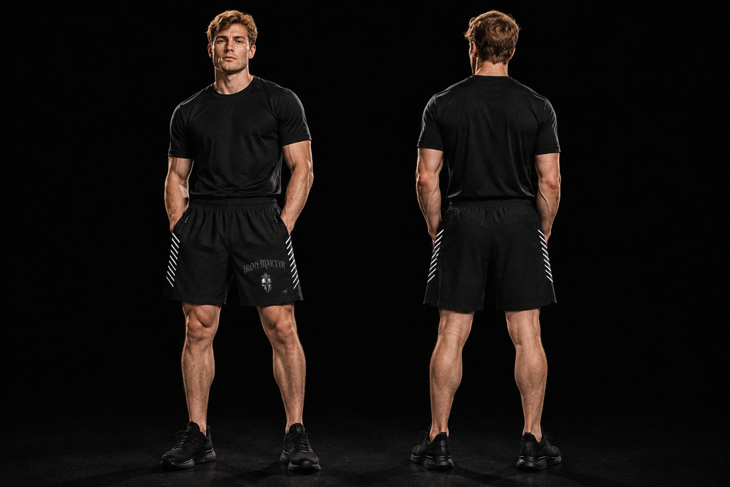 Side-Stripe Performance Shorts — Front + Back