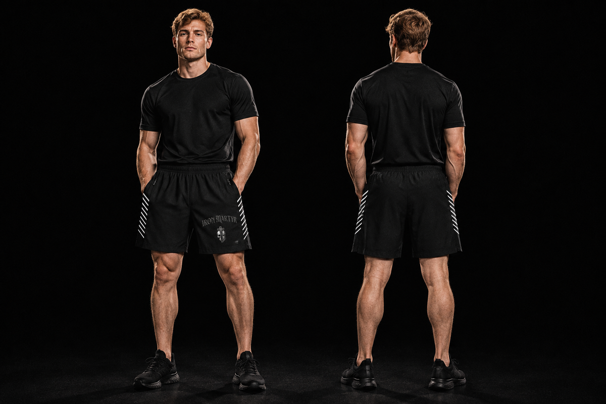 Side-Stripe Performance Shorts — Front + Back