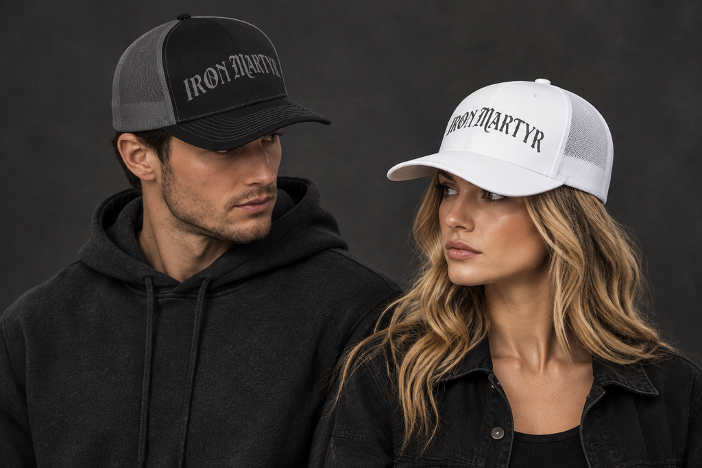 Two models wearing accurate Iron Martyr latter logo Snapbacks