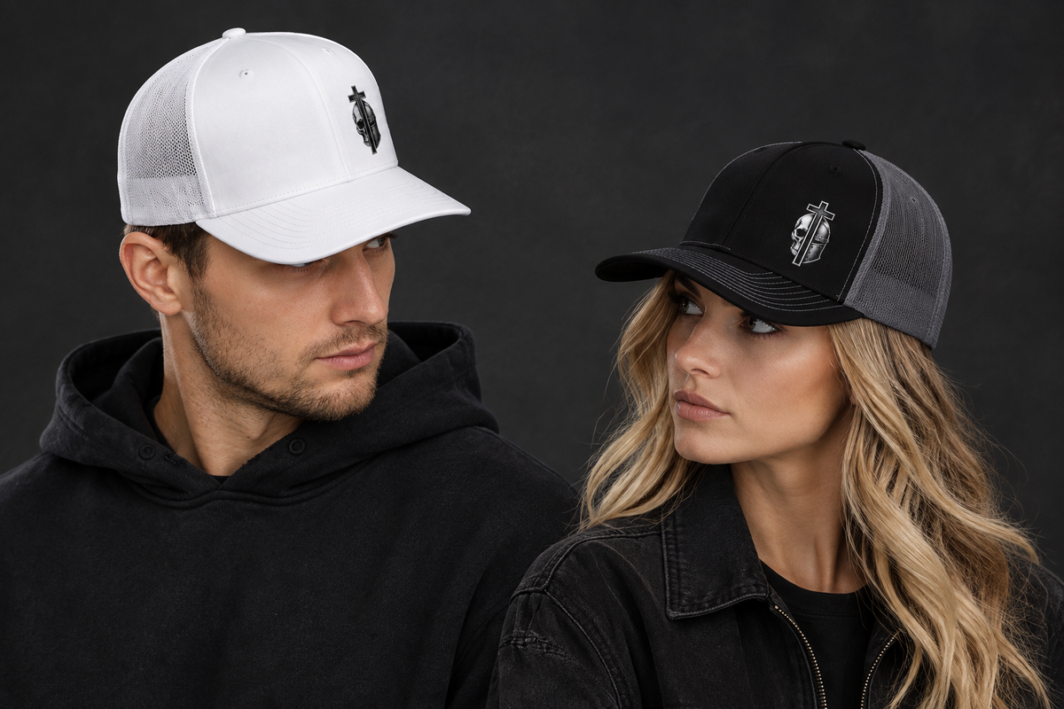 Two models wearing accurate Iron Martyr logo Snapbacks